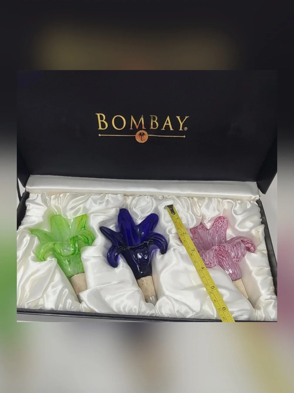 Bombay Hand-Blown Glass Flower Bottle Stoppers — Green, Blue, Pink